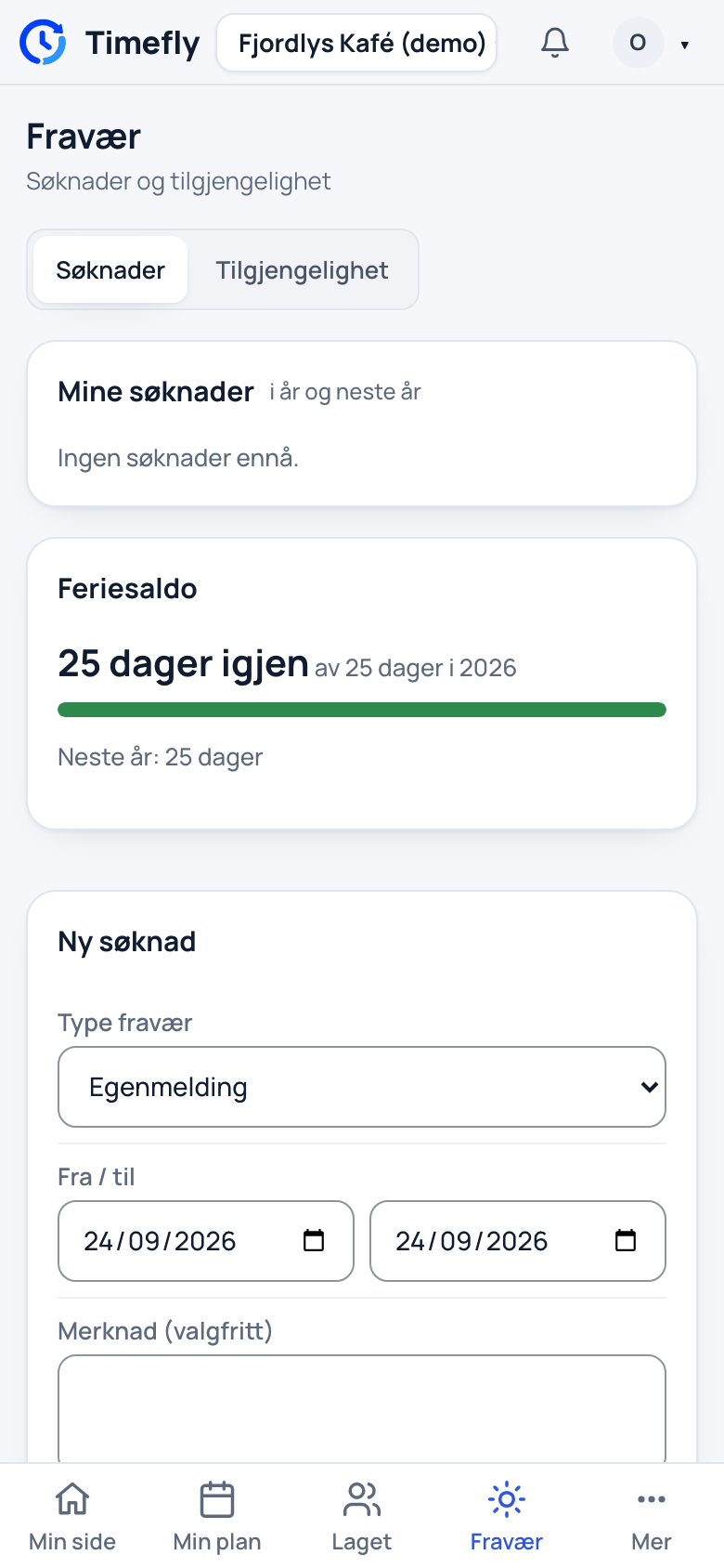 Fravær på nettsiden, sett på en telefon: dine søknader, feriesaldo og Ny søknad