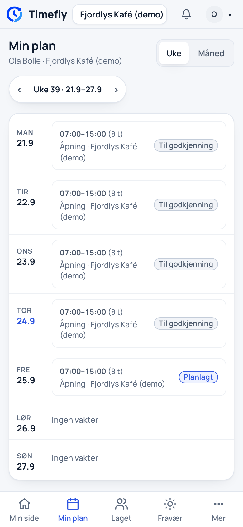 Min plan på nettsiden, sett på en telefon: ukens vakter dag for dag