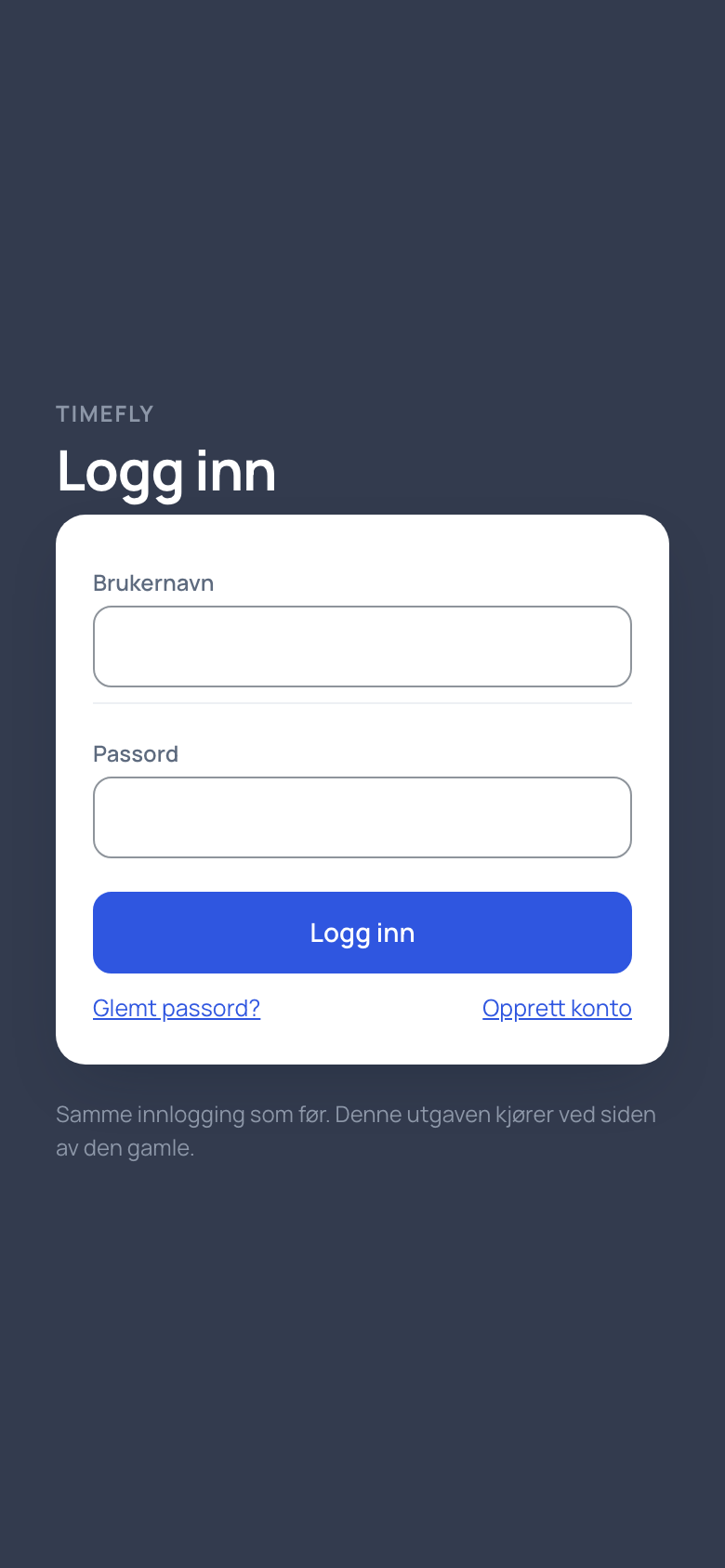 Innloggingen på app.timefly.no, sett på en telefon
