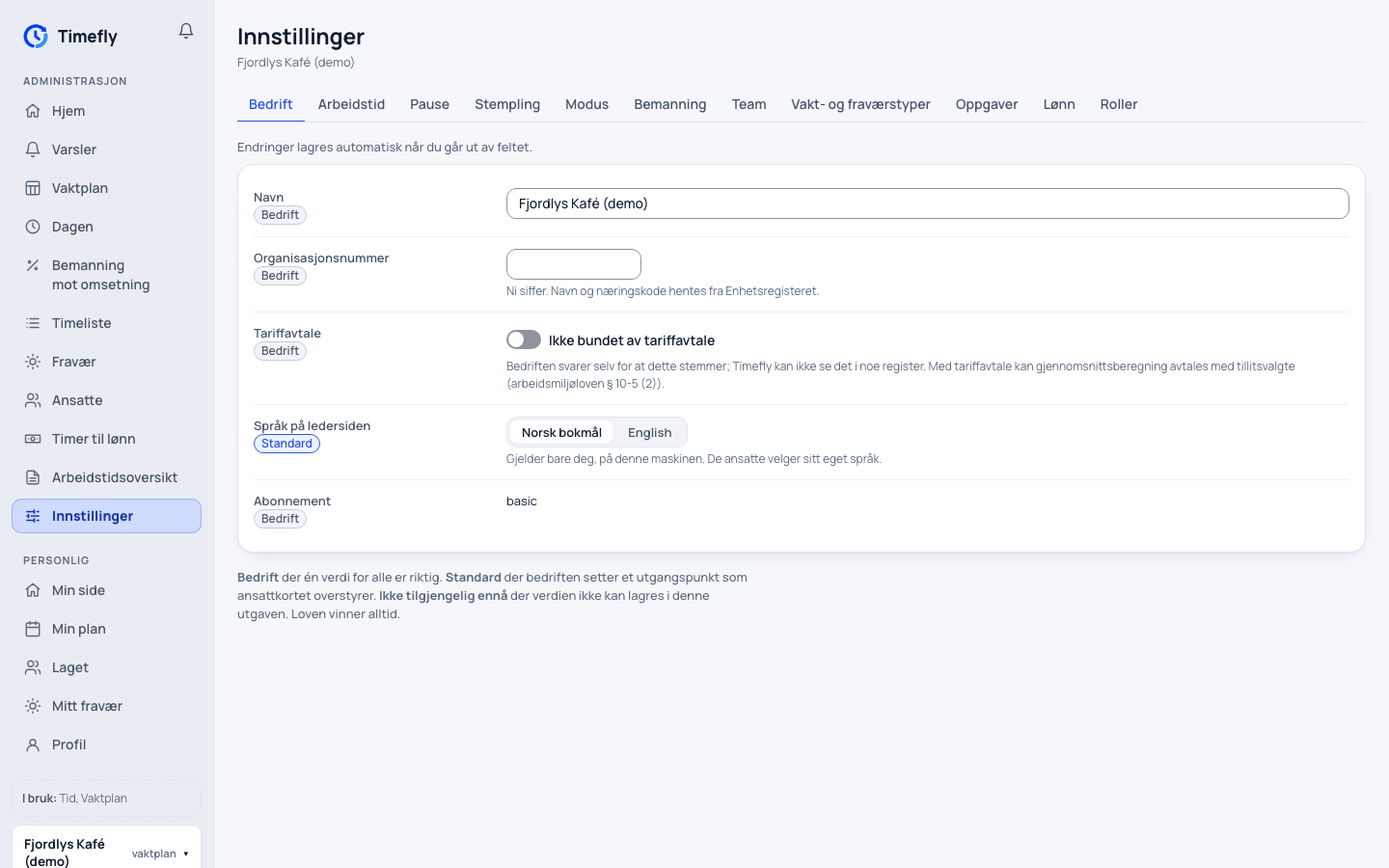 Innstillinger, fanen Bedrift: navn, organisasjonsnummer, tariffavtale og språk