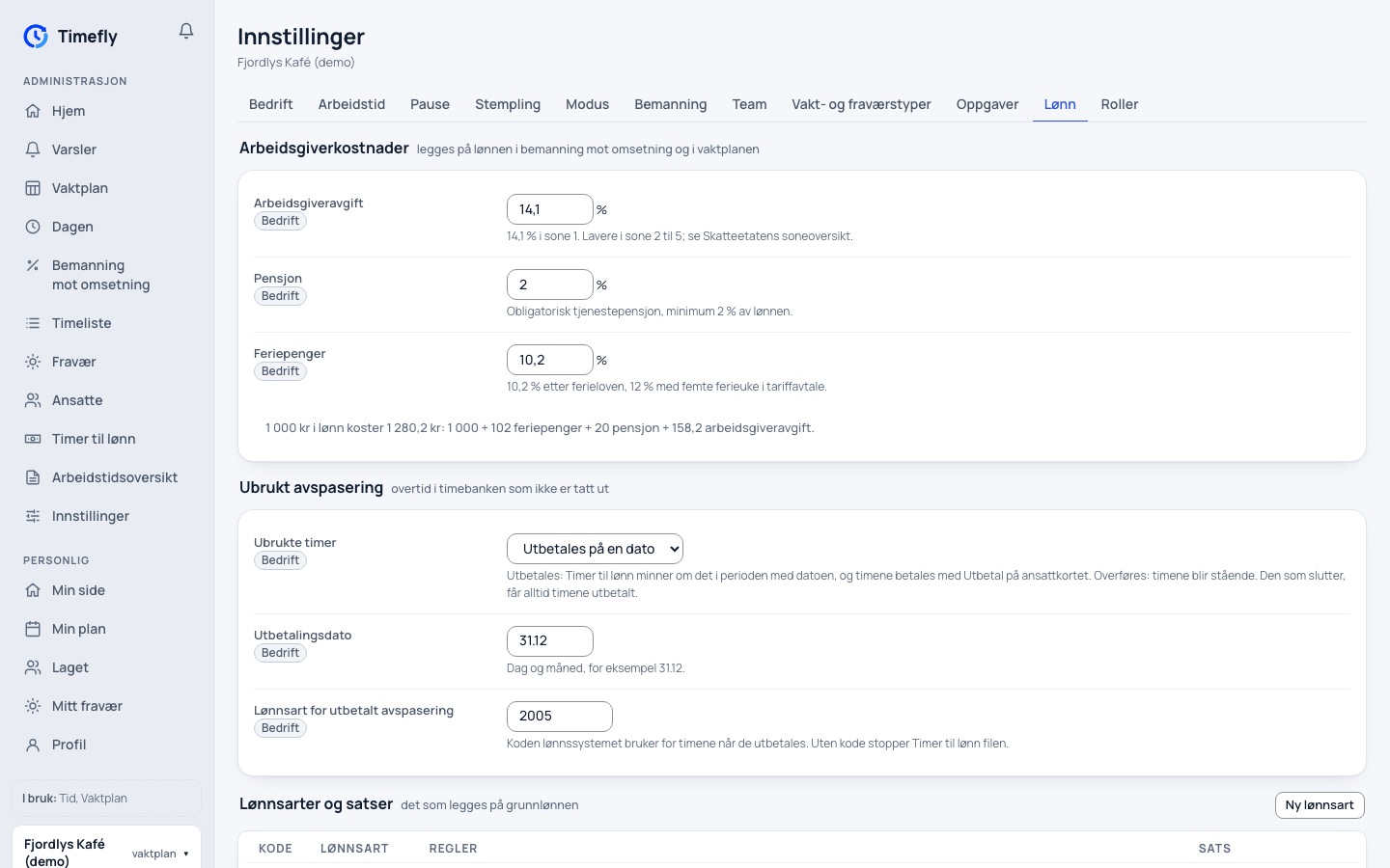 Innstillinger, fanen Lønn: arbeidsgiverkostnader, avspasering og lønnsarter