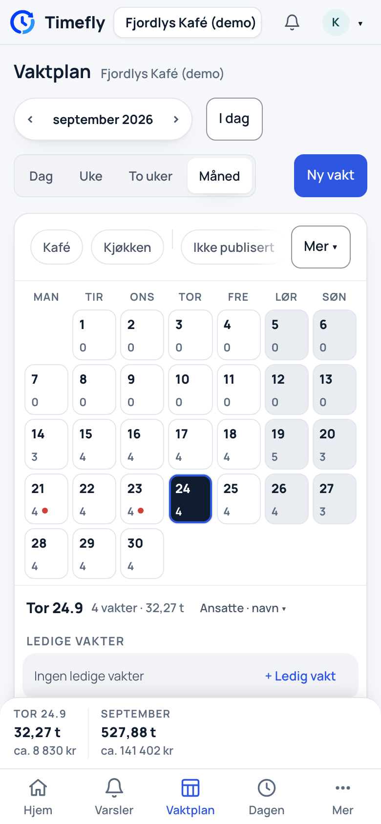 Vaktplan i Måned på telefonen: kalenderen med antall vakter per dag og dagen under
